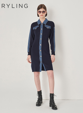 MARYLING玛俪琳秋季新品深蓝色针梭羊毛连衣裙A1DGW04290