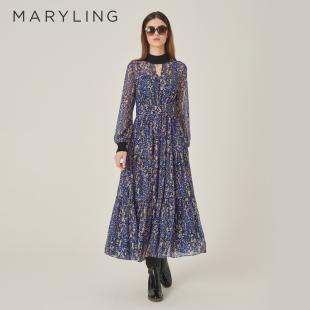 艺术印花连衣裙 粉蓝豹纹水滴小立领长款 MARYLING玛俪琳秋季 新品