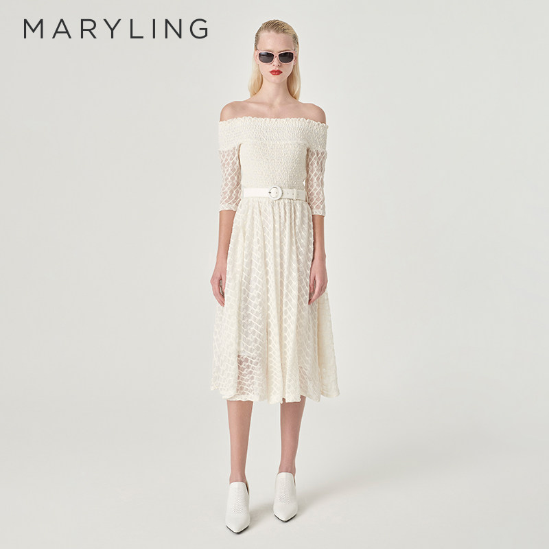 MARYLING玛俪琳夏季新品米白色一字肩A摆连衣裙A1ECW6