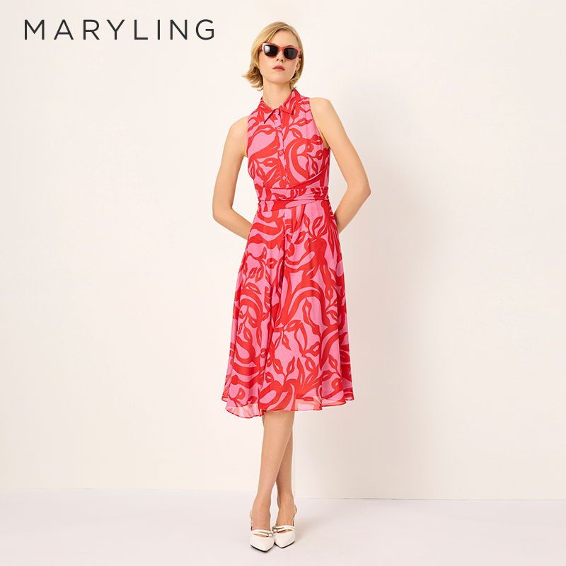 MARYLING抽象艺术红粉印花连衣裙