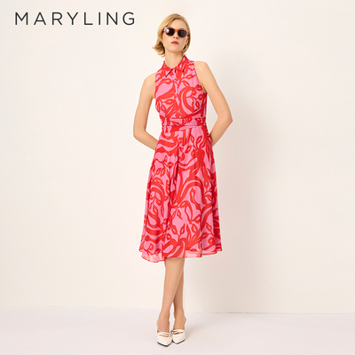 MARYLING抽象艺术红粉印花连衣裙