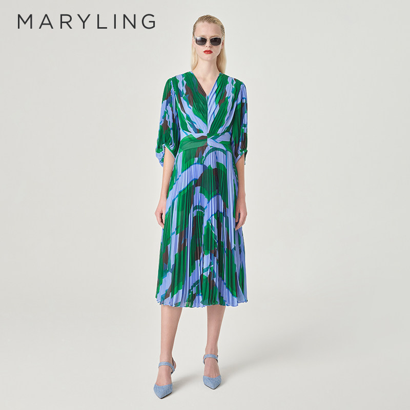【变奏菱格】MARYLING玛俪琳24夏新品V领中袖A摆连衣裙A