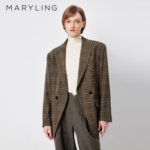 MARYLING绿粉格纹戗驳领复古西服