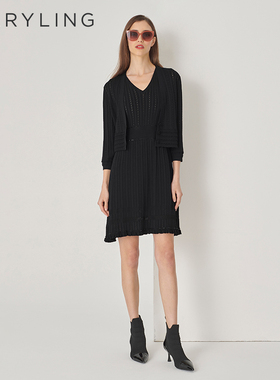 MARYLING玛俪琳初秋新品黑色V领短版镂空针织外套A1DFW08250