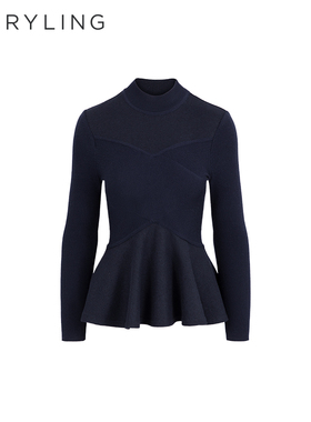 MARYLING玛俪琳冬季新品深蓝针梭织套头羊毛衫A1DHW26570