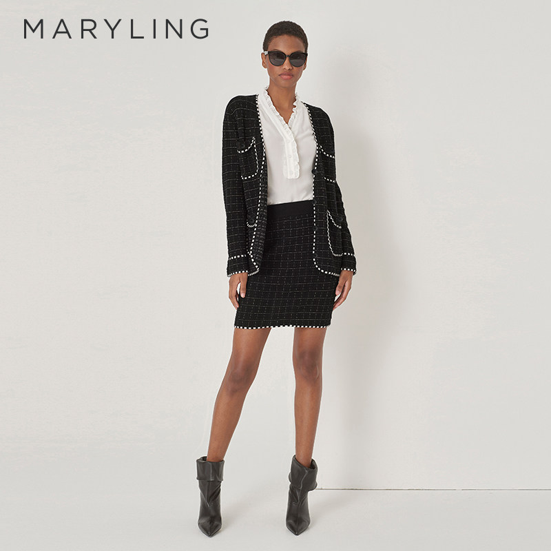 MARYLING玛俪琳秋季新品黑白方格多口袋羊毛针织开衫小香风上