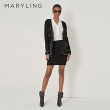 MARYLING玛俪琳秋季新品黑白方格多口袋羊毛针织开衫小香风上衣