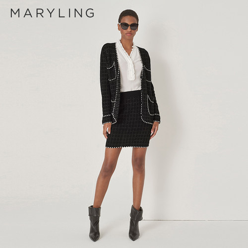 MARYLING黑白方格针织开衫