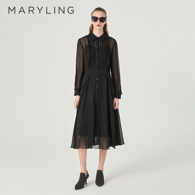 MARYLING玛俪琳春秋新品黑色木耳边高级感真丝连衣裙A1EB