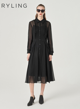 MARYLING玛俪琳春秋新品黑色木耳边高级感真丝连衣裙A1EBW62580