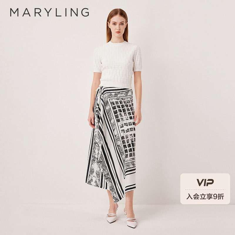 MARYLING玛俪琳2025秋季新品黑白光影桑蚕丝系带半身裙A