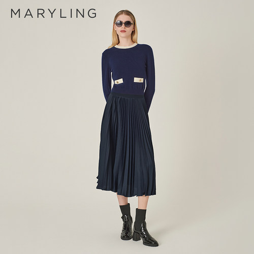 MARYLING深蓝色太阳压褶半身裙