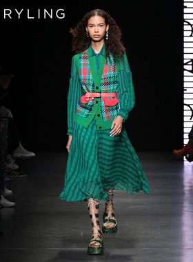 MARYLING玛俪琳春秋新品蓝绿方格乔其印花女士衬衫A1DAW20330