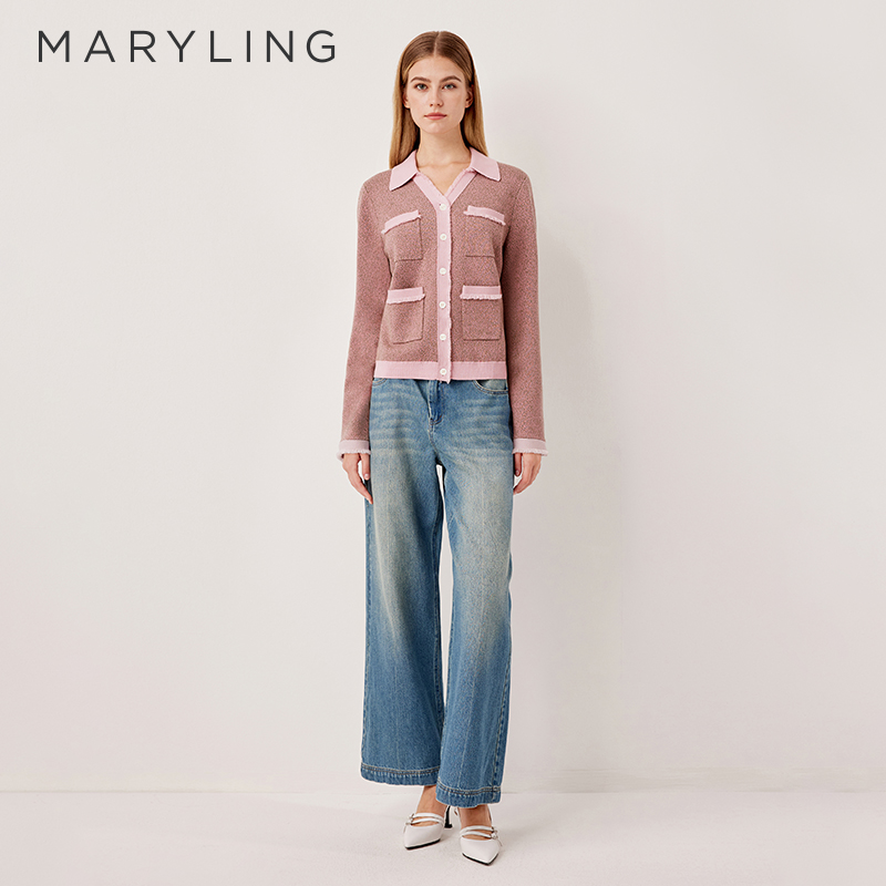 MARYLING复古翻V领撞色针织开衫