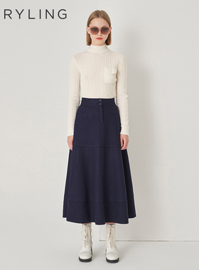MARYLING玛俪琳秋冬新品深蓝色高腰A摆伞型半身裙A1DIW72450