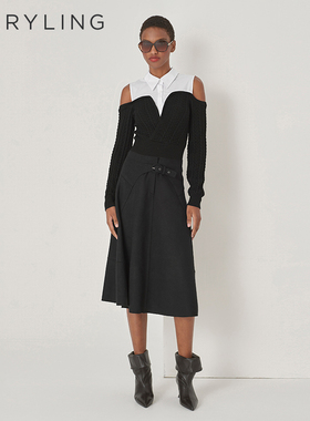 MARYLING玛俪琳秋季新品黑白露肩针梭拼接羊毛上衣A1DGW26420