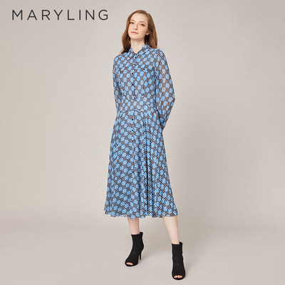 MARYLING玛俪琳春秋气质蓝色波纹格印花收腰衬衫连衣裙A1BFW65130