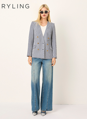 MARYLING玛俪琳2025春季新品蓝白条纹双排金属扣西装A1FCW14590