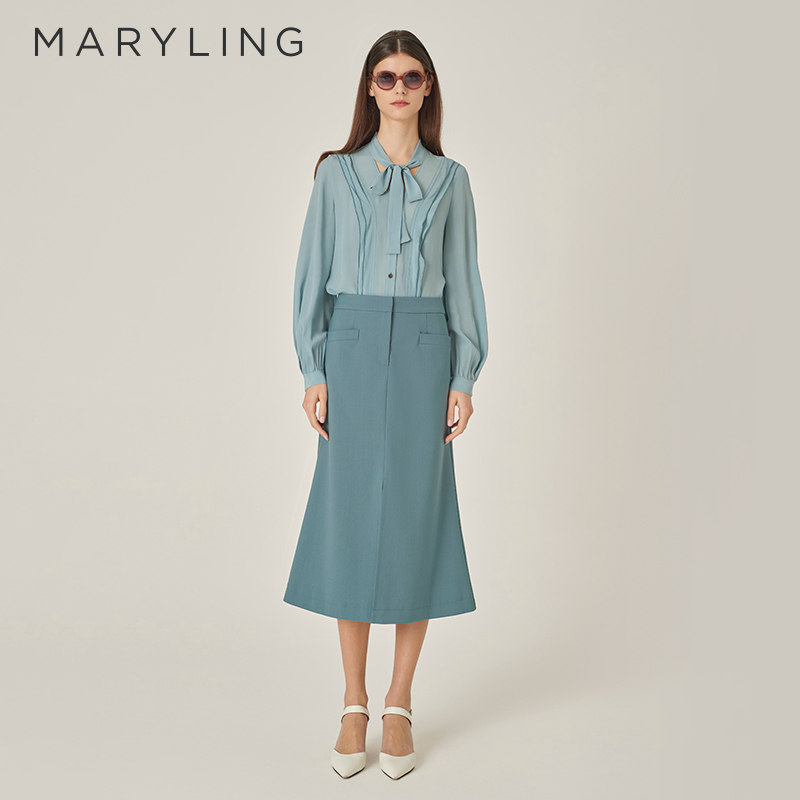 MARYLING雾蓝色荷叶边真丝上衣