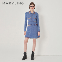 MARYLING玛俪琳秋季新品雾蓝色翻领长袖中裙羊毛针织连衣裙