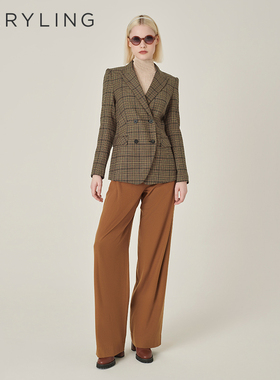 MARYLING玛俪琳秋新品驼色经典双排扣格纹西装外套A1EGW14290