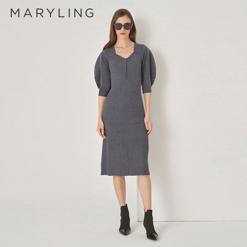 MARYLING方形V领针织连衣裙