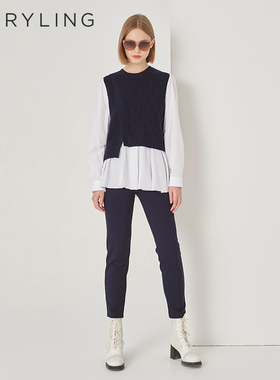 MARYLING玛俪琳秋季新品蓝白拼接不对称针织套头衫A1DGW26060