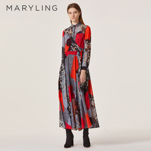 MARYLING玛俪琳夏季长袖印花连衣裙收腰衬衫领长裙A1AA65090