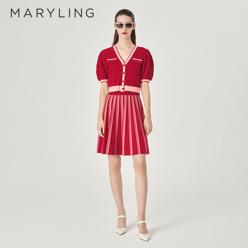 MARYLING玛俪琳夏季新品红米拼色V领针织开衫A1ECW08420