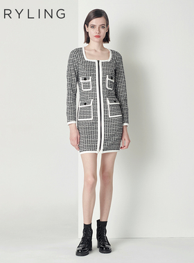 MARYLING玛俪琳秋季黑白千鸟格撞色边连衣裙A1CGW62010