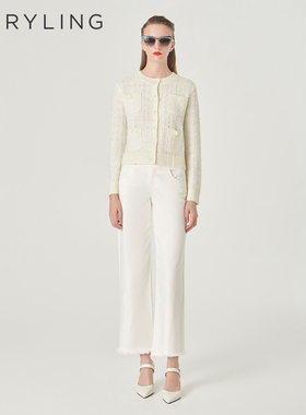 MARYLING玛俪琳初春新品米白色小圆领暗纹针织开衫A1EAW08160