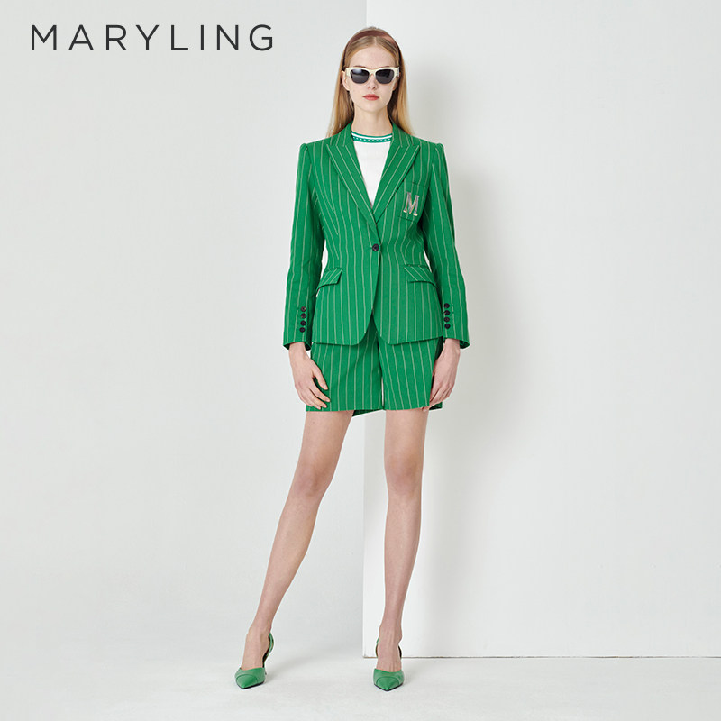 MARYLING玛俪琳春秋新品绿底白条纹百慕大短裤A1DBW58