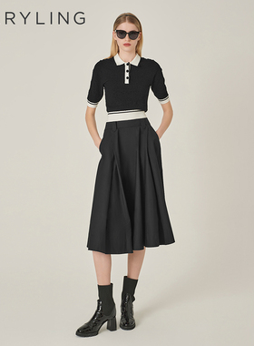MARYLING玛俪琳初秋新品黑色复古A型伞摆半身裙A1EFW72090