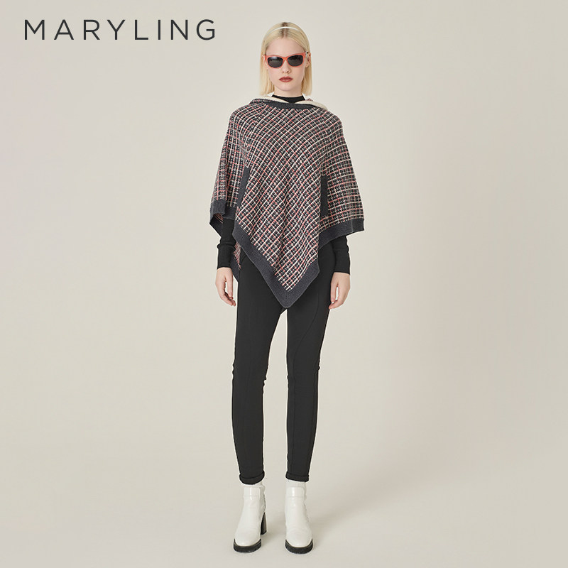 MARYLING玛俪琳秋季新品红黑色连帽针织格纹披肩A1EGW0