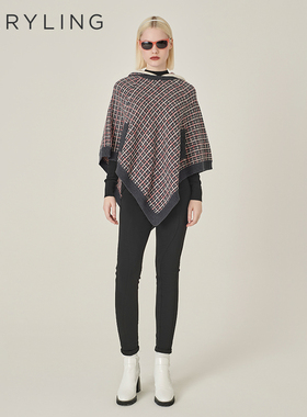 MARYLING玛俪琳秋季新品红黑色连帽针织格纹披肩A1EGW03500