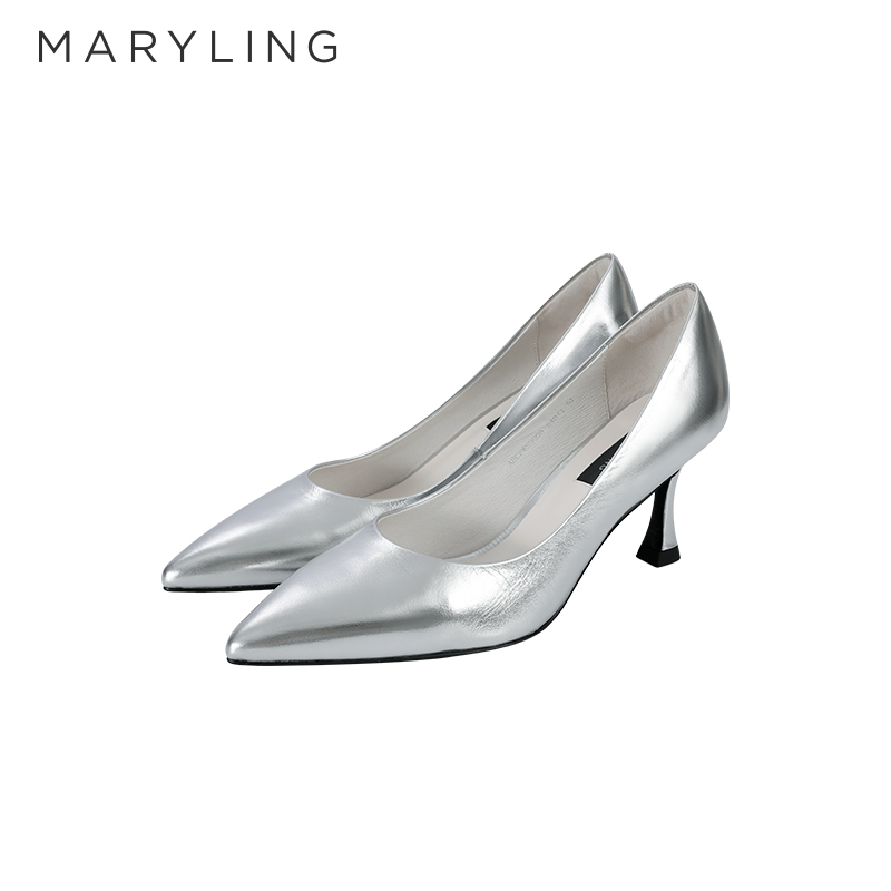 MARYLING银色真皮细跟高跟鞋