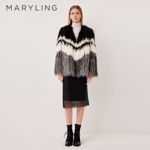 MARYLING玛俪琳2025冬季新品浪漫奢华黑白撞色皮草外套A1FHW9F010