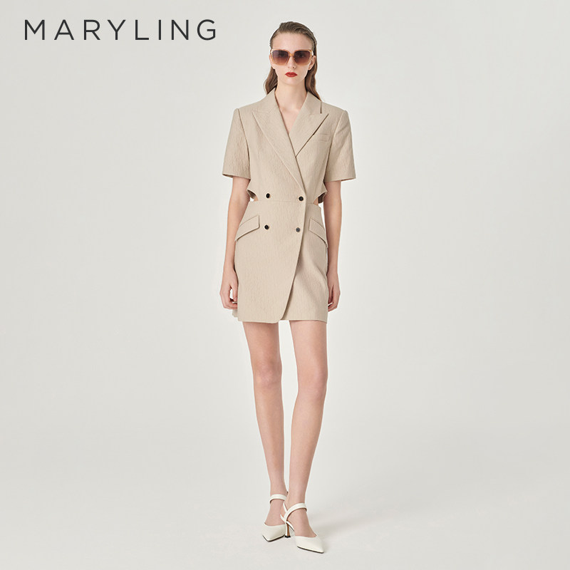 MARYLING玛俪琳2024夏季新品沙色提花西装领短袖连衣裙A