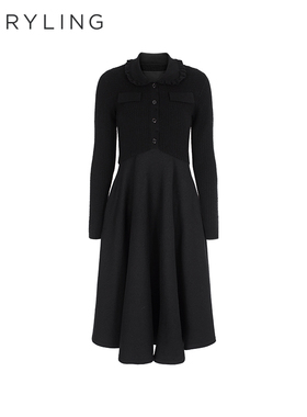 MARYLING玛俪琳冬季新品黑色荷叶边翻领中长裙针梭拼接大摆连衣裙