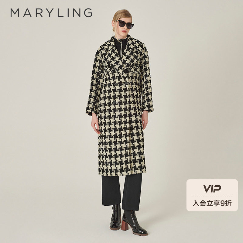 MARYLING玛俪琳冬季新品翻领千鸟格H型大衣外套A1EHW9