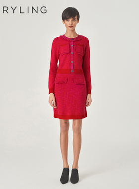 MARYLING玛俪琳秋新品莓果红圆领针织开衫A1EAW08120