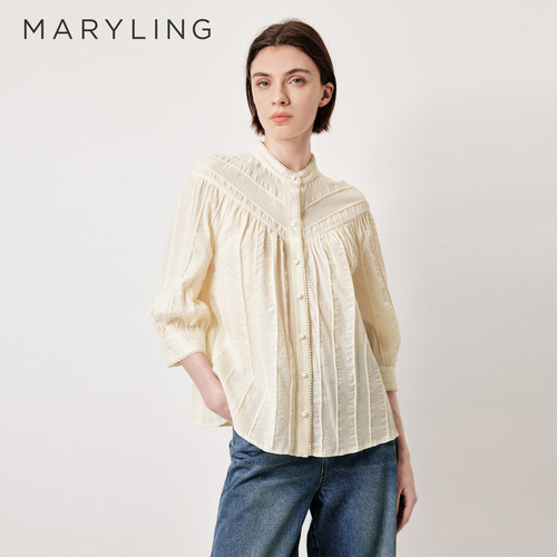 MARYLING玛俪琳2026夏新品法式奶油白碎褶立领气质衬衫A1GCW20740