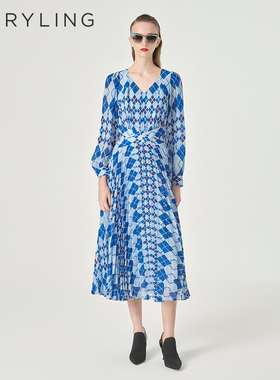 MARYLING玛俪琳初春新品蓝白菱形格纹V领A摆连衣裙A1EAW61090