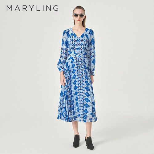 MARYLING格纹V领印花连衣裙