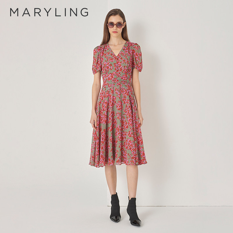MARYLING玛俪琳秋季新品红灰秘密花园V领碎花连衣裙A1DF