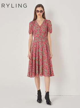 MARYLING玛俪琳秋季新品红灰秘密花园V领碎花连衣裙A1DFW61470