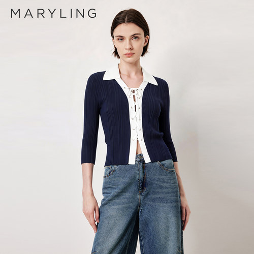 MARYLING深蓝撞色针织套头衫