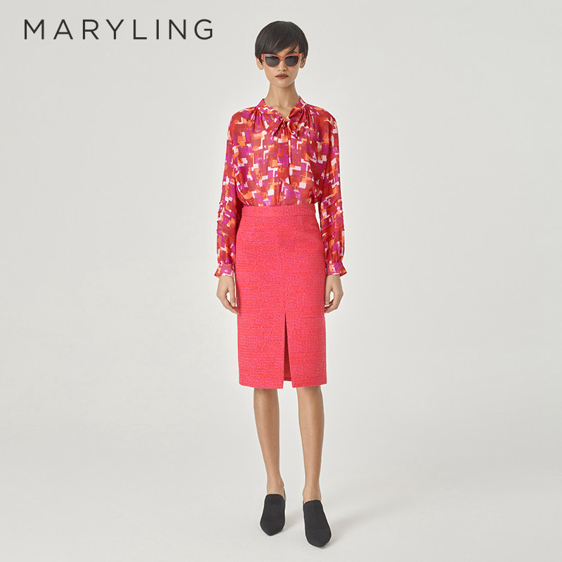 MARYLING玛俪琳24春新品【绯红胭脂】蝴蝶结印花上衣A1E