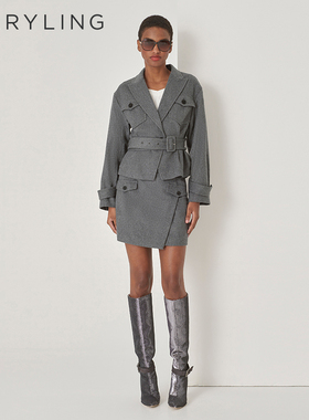 MARYLING玛俪琳秋季新品灰色翻尖领撞色收腰短外套A1DGW14320