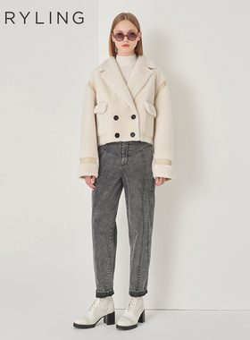 MARYLING玛俪琳冬季新品米白色翻领皮毛一体外套A1DHW9R040